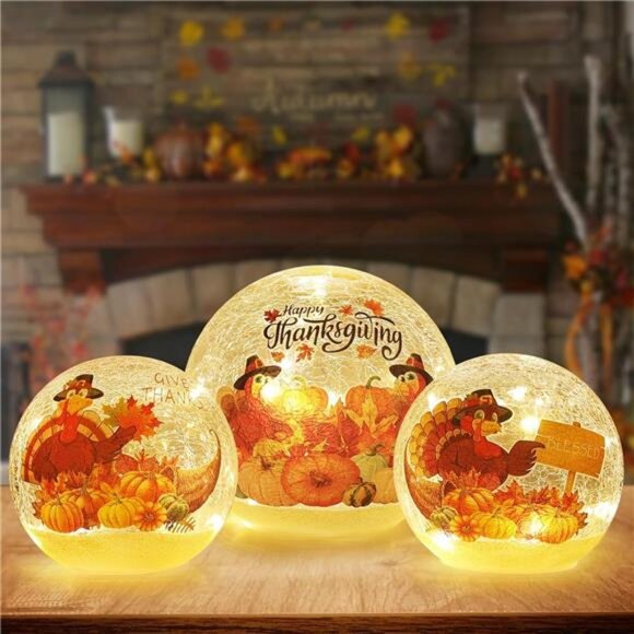 Thanksgiving Table Decorations, Set of 3 Turkey Sparkling Crackle Glass Ball - Picture 1 of 7